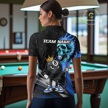 Female model wearing Blue Flame Skull billiard polo during league competition, precision, confidence, custom team apparel