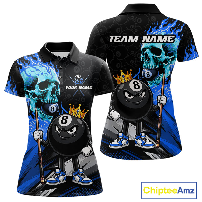 Blue Flame 8 Ball Women's Billiard Polo, Turquoise Skull Pool Team Jersey, Personalized Professional Cue Sports Apparel
