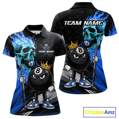 Blue Flame 8 Ball Women's Billiard Polo, Turquoise Skull Pool Team Jersey, Personalized Professional Cue Sports Apparel