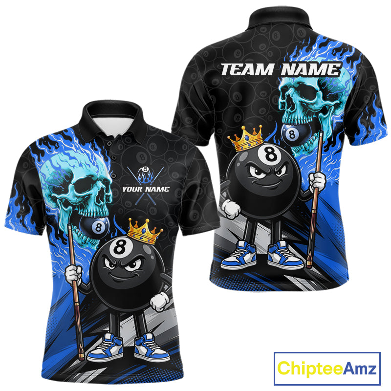 Blue Flame 8 Ball Men's Billiard Polo, Turquoise Skull Pool Team Jersey