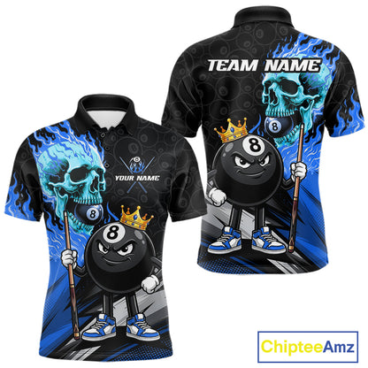 Blue Flame 8 Ball Men's Billiard Polo, Turquoise Skull Pool Team Jersey
