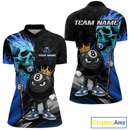 Blue Flame Women's Quarter-Zip Billiard Shirt, Personalized Performance Pool Tournament Jersey