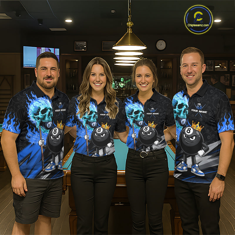 Pool team wearing Blue Flame Skull billiard jerseys,billiard tournament