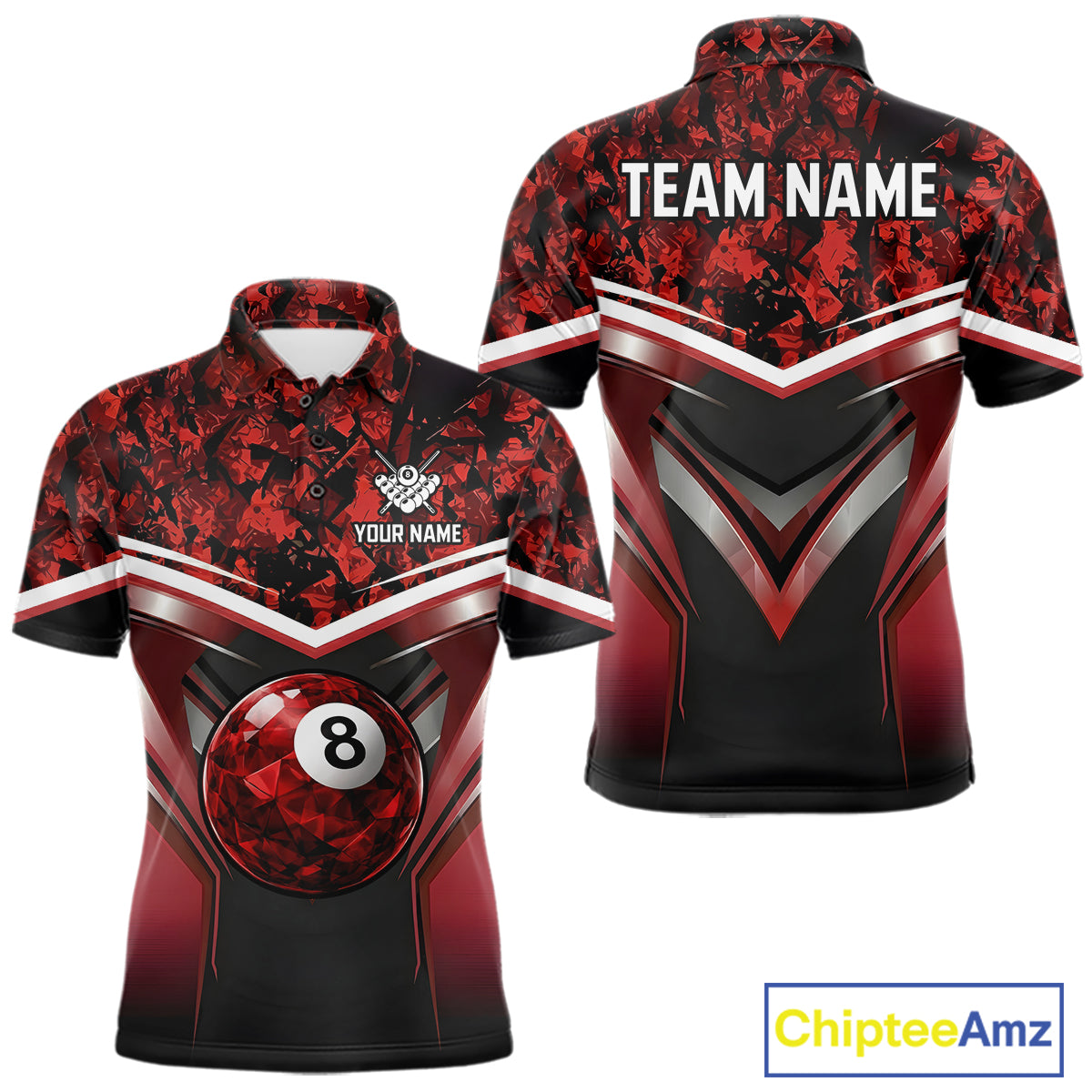 Black & Red Geometric 8 Ball Pool Polo & 1/4-Zip Shirt For Men Custom Pool Billiard Team Jerseys NYN2980