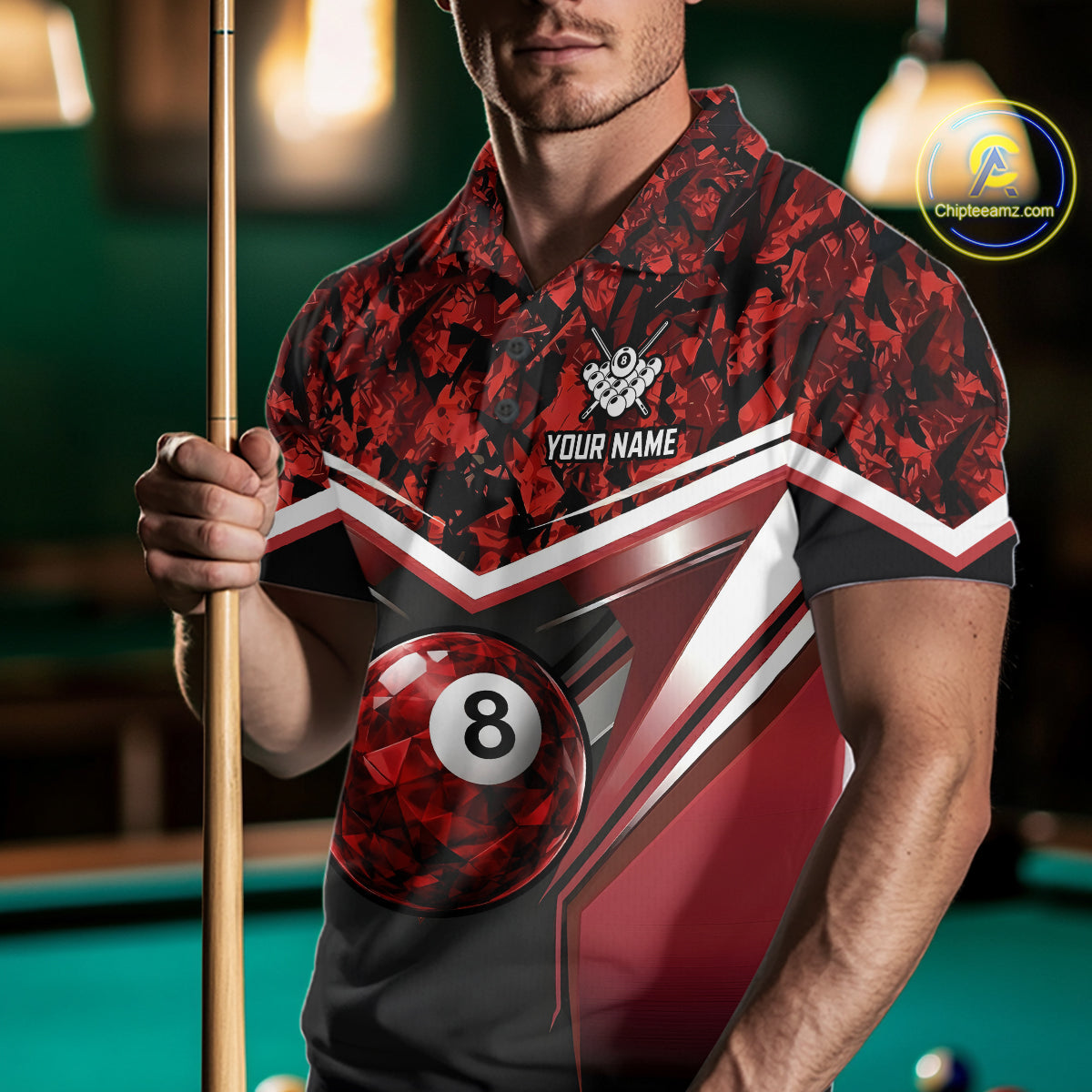 Black & Red Geometric 8 Ball Pool Polo & 1/4-Zip Shirt For Men Custom Pool Billiard Team Jerseys NYN2980