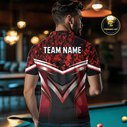 Black & Red Geometric 8 Ball Pool Polo & 1/4-Zip Shirt For Men Custom Pool Billiard Team Jerseys NYN2980