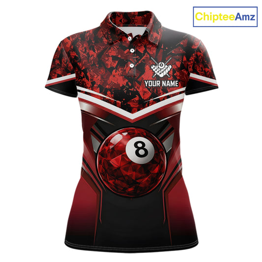 Black & Red Geometric 8 Ball Pool Polo & 1/4-Zip Shirt For Women Custom Pool Billiard Team Jerseys NYN2980