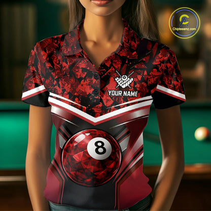 Black & Red Geometric 8 Ball Pool Polo & 1/4-Zip Shirt For Women Custom Pool Billiard Team Jerseys NYN2980