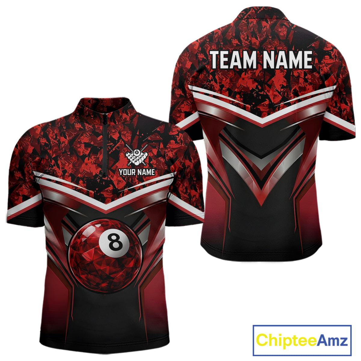Black & Red Geometric 8 Ball Pool Polo & 1/4-Zip Shirt For Men Custom Pool Billiard Team Jerseys NYN2980