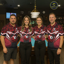 Load image into Gallery viewer, Black &amp; Red Geometric 8 Ball Pool Polo &amp; 1/4-Zip Shirt For Men Custom Pool Billiard Team Jerseys NYN2980