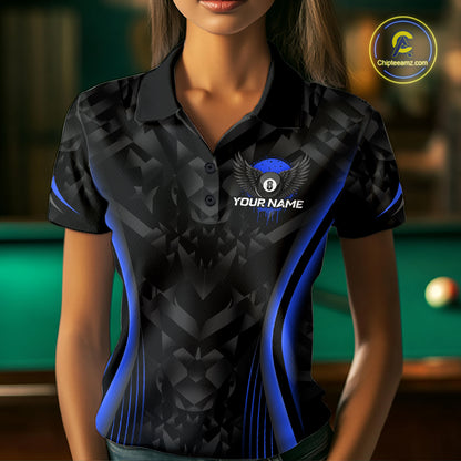 Blue Dripping Wings 8 Ball Billiard Polo 1/4-Zip Shirt For Women Custom Billiard Pool Team Jersey NYN3943