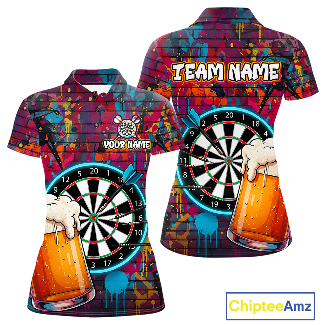 Custom Beers & Dartboard Graffiti Funny Darts Polo Shirt For Women Colorful Dart Jerseys NYN1864