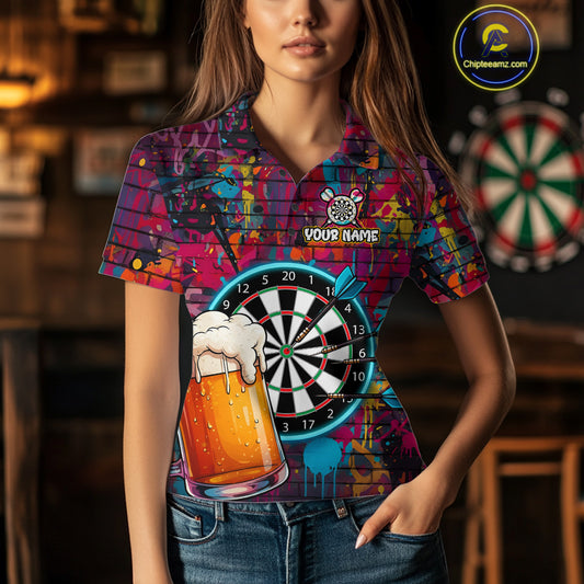 Custom Beers & Dartboard Graffiti Funny Darts Polo Shirt For Women Colorful Dart Jerseys NYN1864