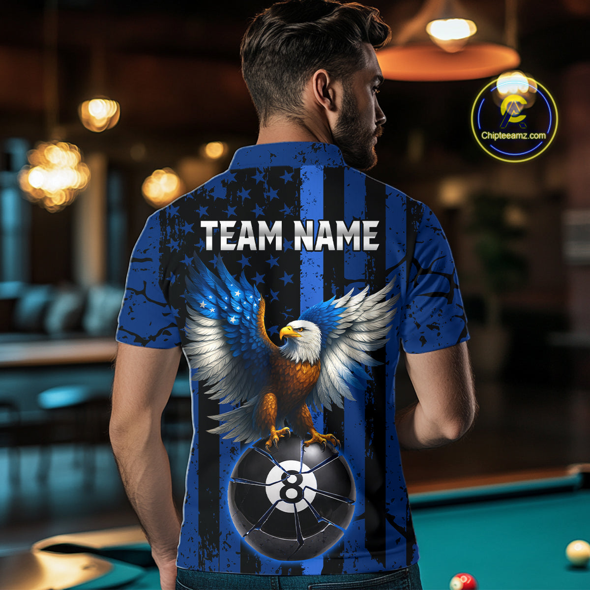 Eagle Crack 8 Ball Pool Men Billiard Team Shirt Custom Polo & 1/4-Zip Billiard Apparel|Blue NYN2382