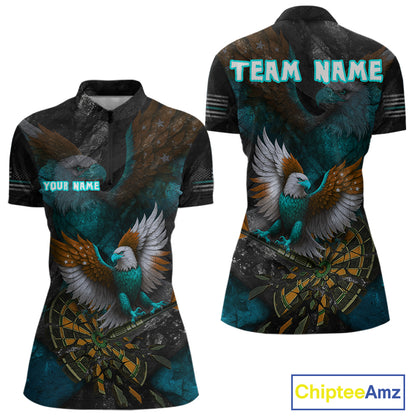 US Flag Eagle Cracked Dartboard Turquoise Women's Darts Shirt Custom Name For Players | Opt2 NYN0691