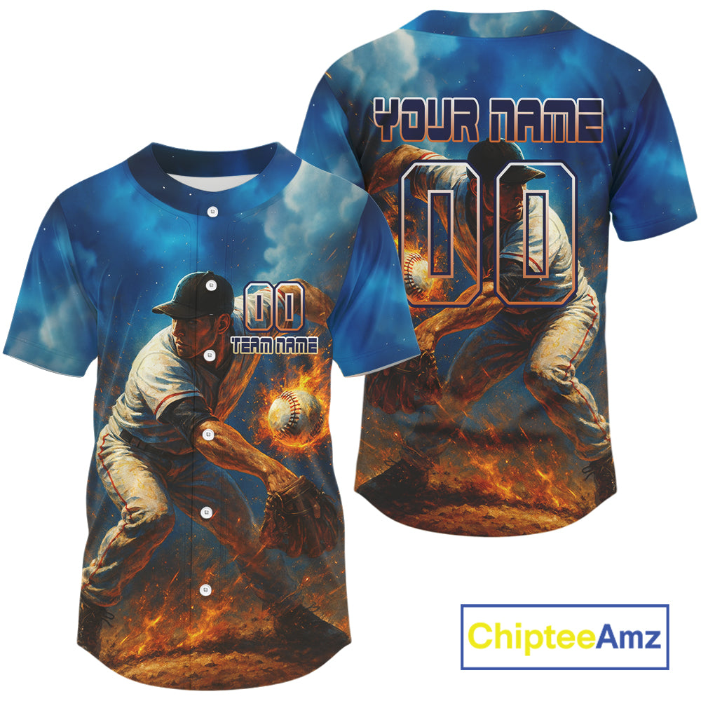 Custom Blue And Yellow Flames Baseball Ball Jersey For Men Youth Baseball Shirt NYN0943