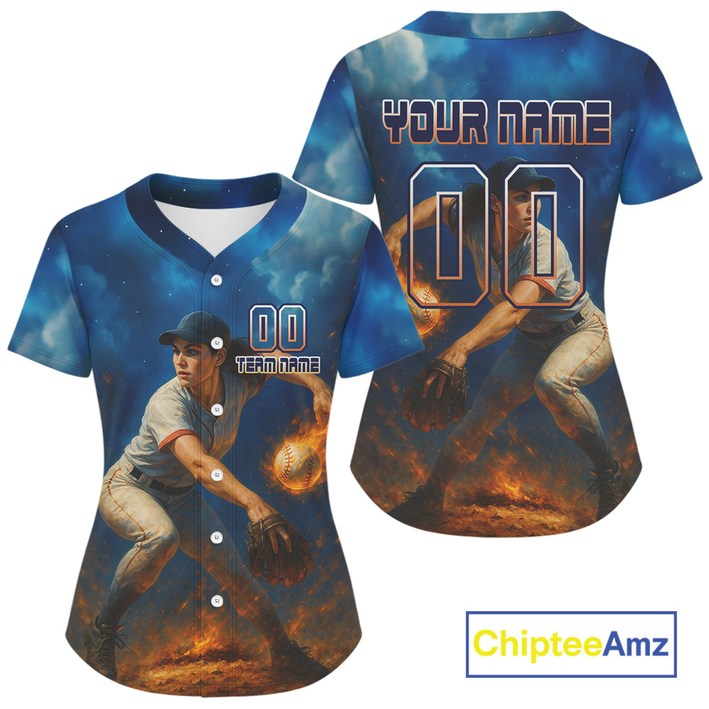 Custom Blue And Yellow Flames Baseball Ball Jersey For Women Youth Baseball Shirt NYN0943