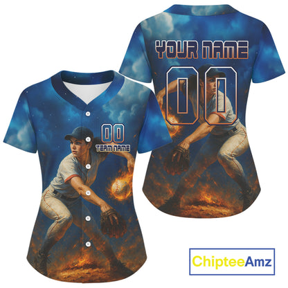 Custom Blue And Yellow Flames Baseball Ball Jersey For Women Youth Baseball Shirt NYN0943