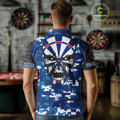 Blue And Black Camo Skull Dartboard Men's Darts Shirt Custom Name For Darts Jersey NYN0694