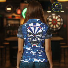 Load image into Gallery viewer, Blue And Black Camo Skull Dartboard Women&#39;s Darts Shirt Custom Name For Darts Jersey NYN0694