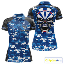 Load image into Gallery viewer, Blue And Black Camo Skull Dartboard Women&#39;s Darts Shirt Custom Name For Darts Jersey NYN0694