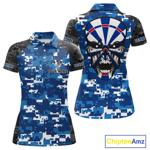 Blue And Black Camo Skull Dartboard Women's Darts Shirt Custom Name For Darts Jersey NYN0694