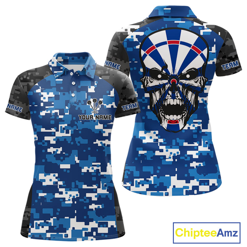 Blue And Black Camo Skull Dartboard Women's Darts Shirt Custom Name For Darts Jersey NYN0694