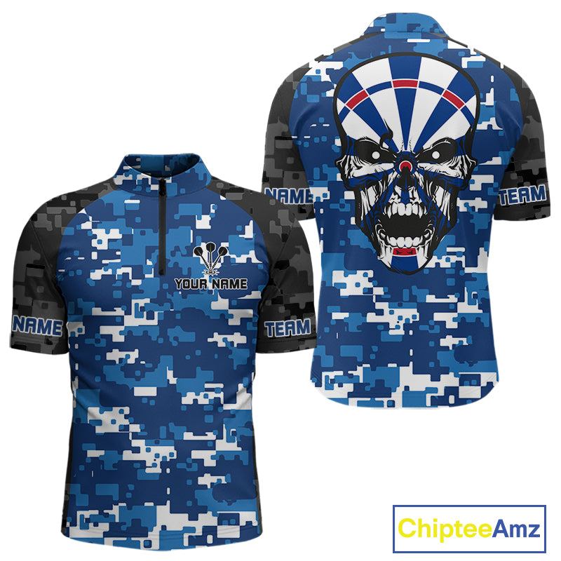 Blue And Black Camo Skull Dartboard Men's Darts Shirt Custom Name For Darts Jersey NYN0694