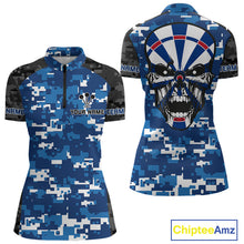 Load image into Gallery viewer, Blue And Black Camo Skull Dartboard Women&#39;s Darts Shirt Custom Name For Darts Jersey NYN0694