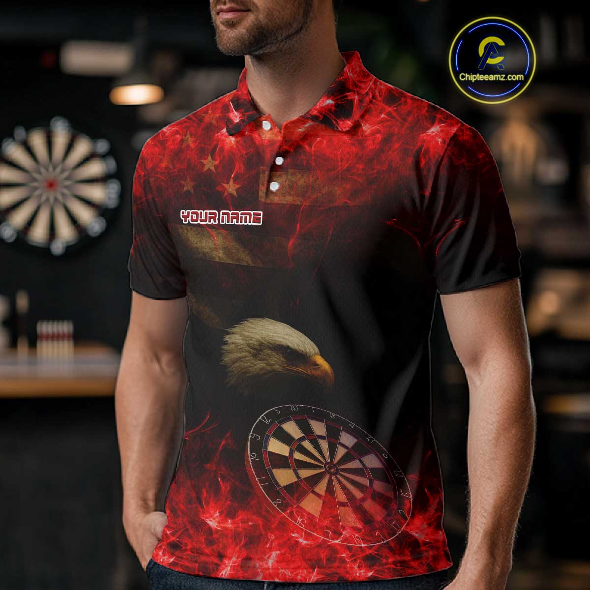 Custom Black And Red Flames Eagle Dartboard Darts Polo Shirt For Men Outfit Darts Jerseys NYN0944