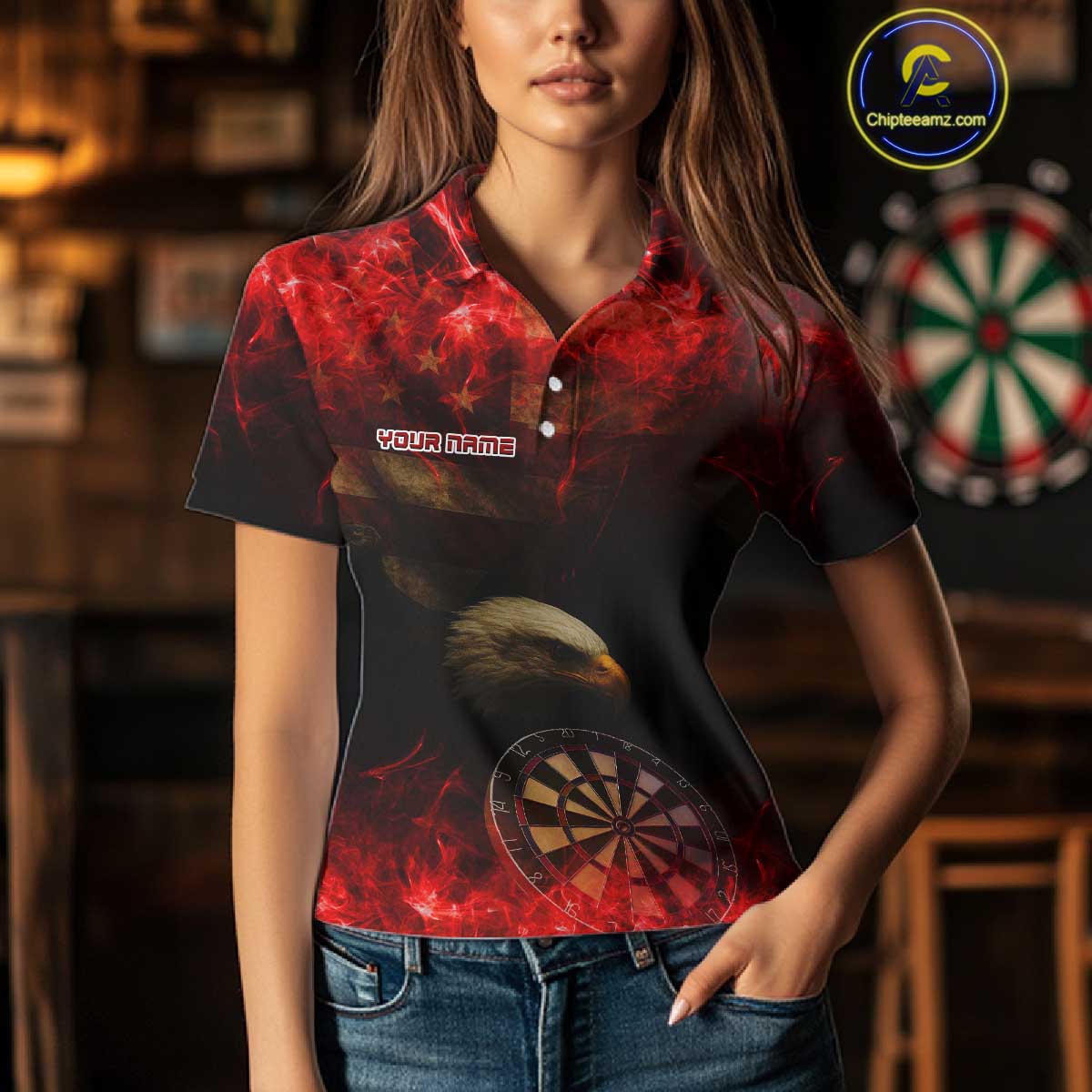 Custom Black And Red Flames Eagle Dartboard Darts Polo Shirt For Women Outfit Darts Jerseys NYN0944