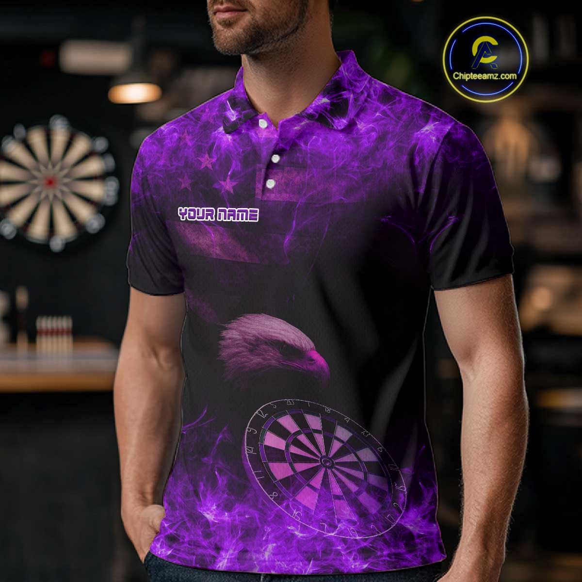 Custom Black And Purple Flames Eagle Dartboard Darts Polo Shirt For Men Outfit Darts Jerseys NYN0945
