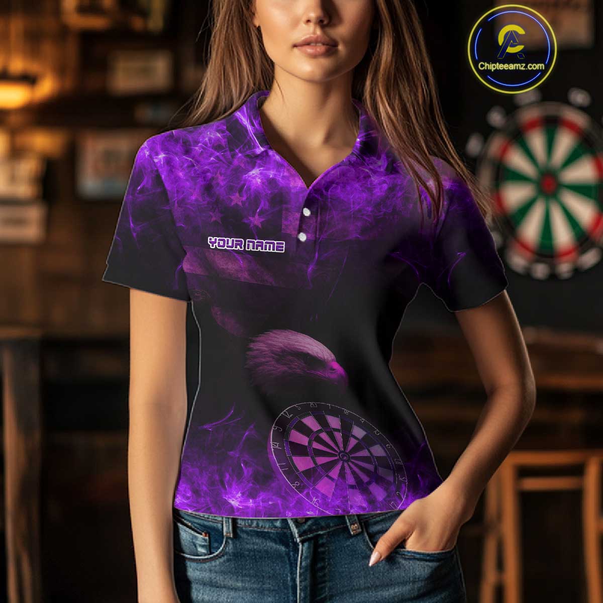 Custom Black And Purple Flames Eagle Dartboard Darts Polo Shirt For Women Outfit Darts Jerseys NYN0945