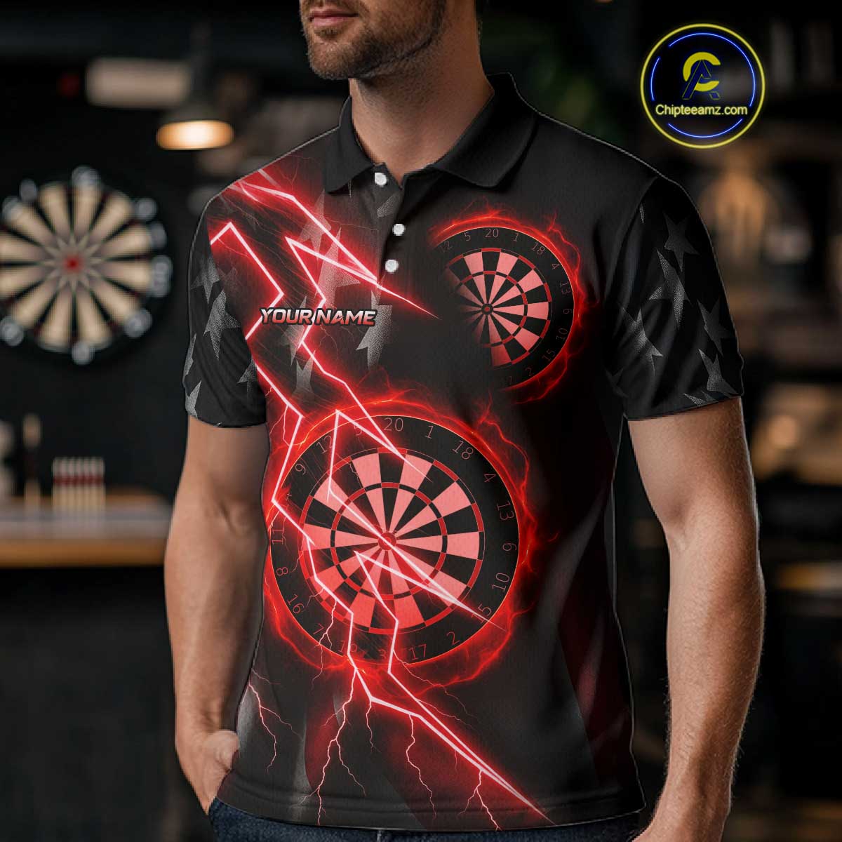 Custom Lightning Red And Black Darts Polo Shirt For Men Darts Tournament Jerseys NYN0950