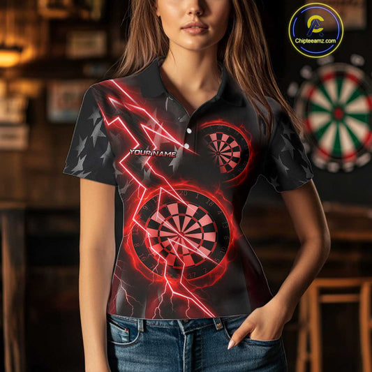 Custom Lightning Red And Black Darts Polo Shirt For Women Darts Tournament Jerseys NYN0950