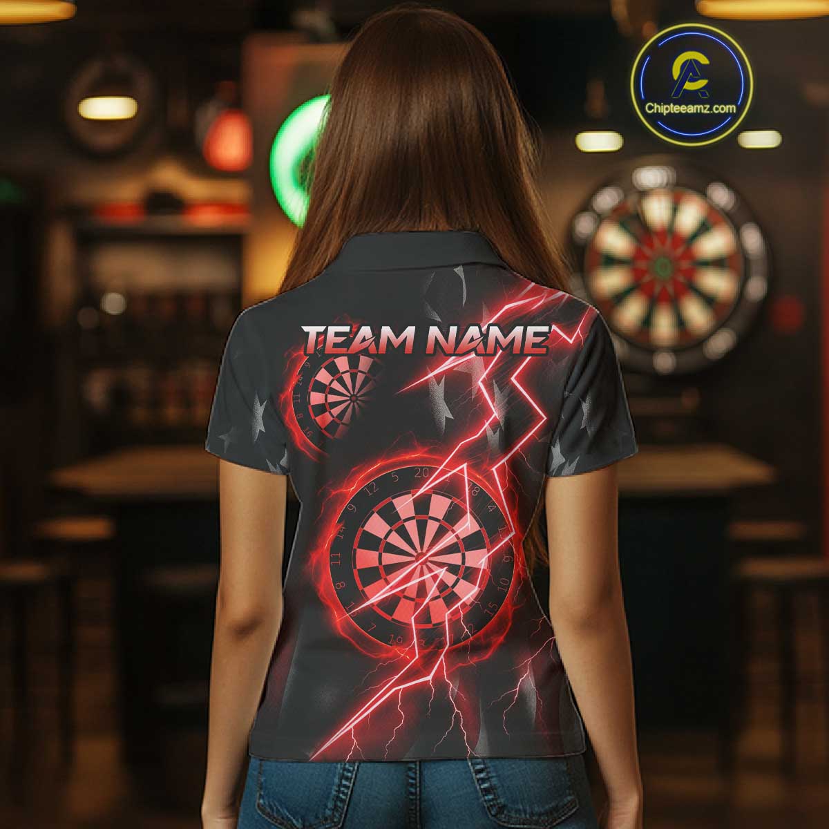 Custom Lightning Red And Black Darts Polo Shirt For Women Darts Tournament Jerseys NYN0950