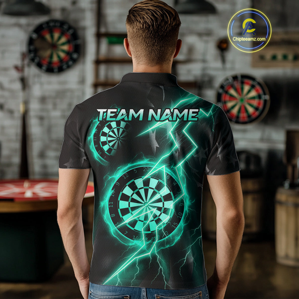Custom Lightning Turquoise And Black Darts Polo Shirt For Men Darts Tournament Jerseys NYN0952
