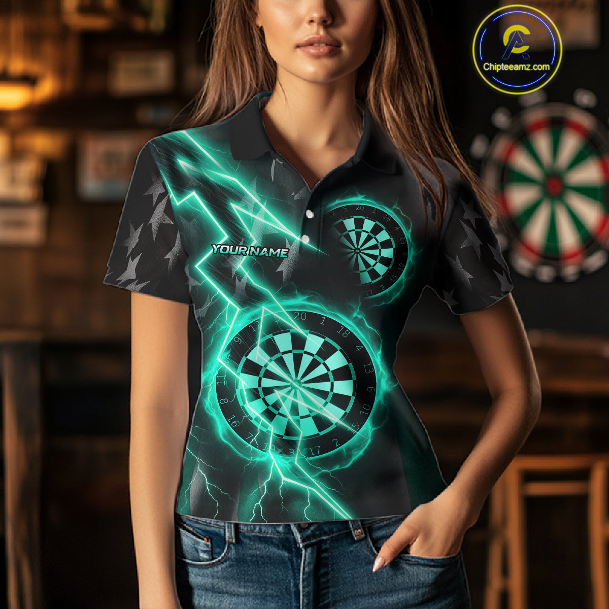 Custom Lightning Turquoise And Black Darts Polo Shirt For Women Darts Tournament Jerseys NYN0952