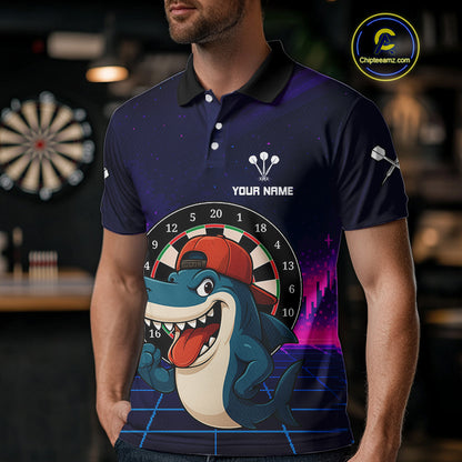 Neon Shark & Dartboard Custom Funny Polo Shirt For Men - Darts Team Jersey NYN0709