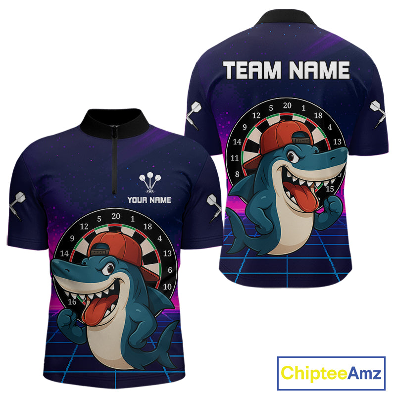 Neon Shark & Dartboard Custom Funny Quarter-Zip Shirt For Men - Darts Team Jersey NYN0709