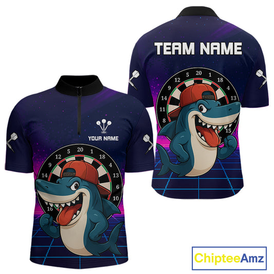 Neon Shark & Dartboard Custom Funny Quarter-Zip Shirt For Men - Darts Team Jersey NYN0709