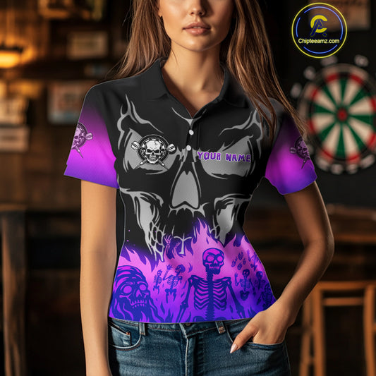 Purple Flaming Skull Dartboard Custom Polo Shirt For Women - Darts Team Jersey NYN0714