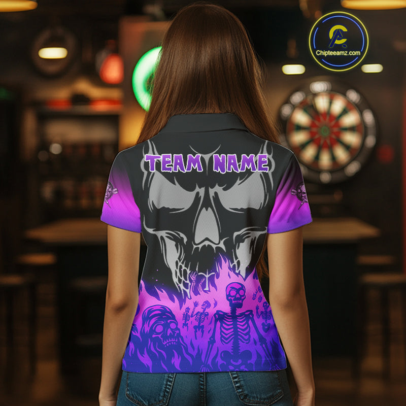 Purple Flaming Skull Dartboard Custom Polo Shirt For Women - Darts Team Jersey NYN0714