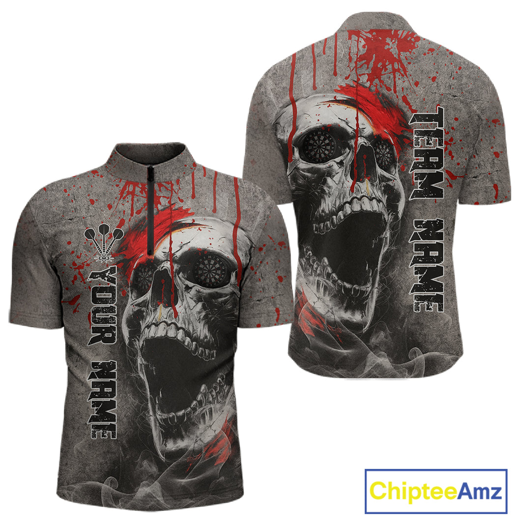 Custom Red Dripping Skull Grunge 1/4-Zip Dart Shirt For Men Dartboard Outfits Dart Jersey NYN1319