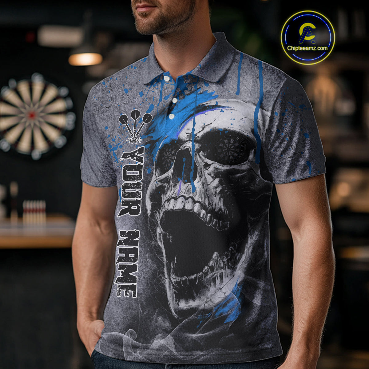 Custom Blue Dripping Skull Grunge Polo Dart Shirt For Men Dartboard Outfits Dart Jersey NYN1320