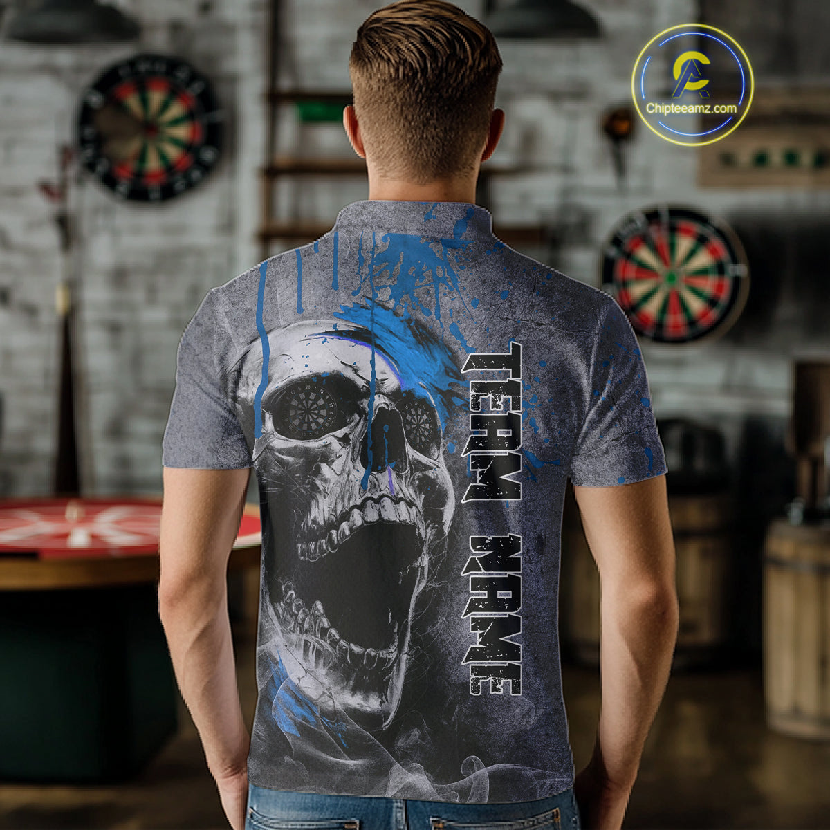 Custom Blue Dripping Skull Grunge Polo Dart Shirt For Men Dartboard Outfits Dart Jersey NYN1320