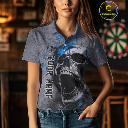 Custom Blue Dripping Skull Grunge Polo Dart Shirt For Women Dartboard Outfits Dart Jersey NYN1320