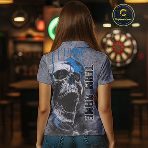 Custom Blue Dripping Skull Grunge Polo Dart Shirt For Women Dartboard Outfits Dart Jersey NYN1320