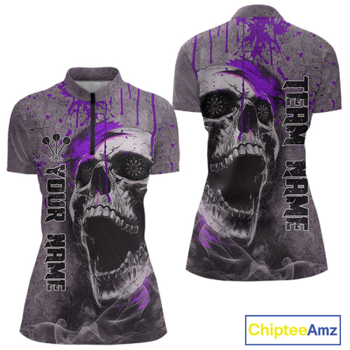 Custom Purple Dripping Skull 1/4-Zip Grunge Dart Shirt For Women Dartboard Outfits Dart Jersey NYN1321