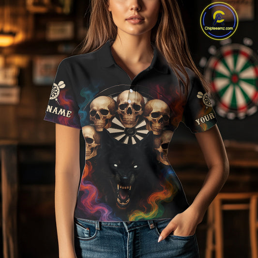 Custom Wolf Skulls Women's Polo Dart Shirt Colorful Smoke Dart Outfits Jerseys For Darters NYN1323